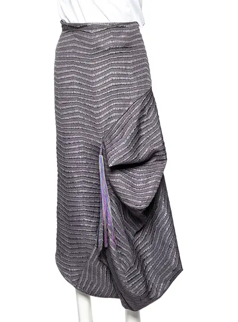 Emporio Armani Grey Textured Synthetic Tassel Trim Draped Midi Skirt M