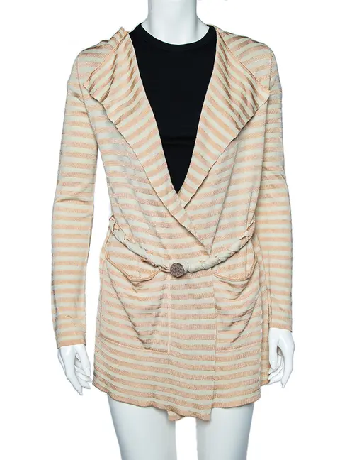 Emporio Armani Beige Striped Knit Belted Cardigan S