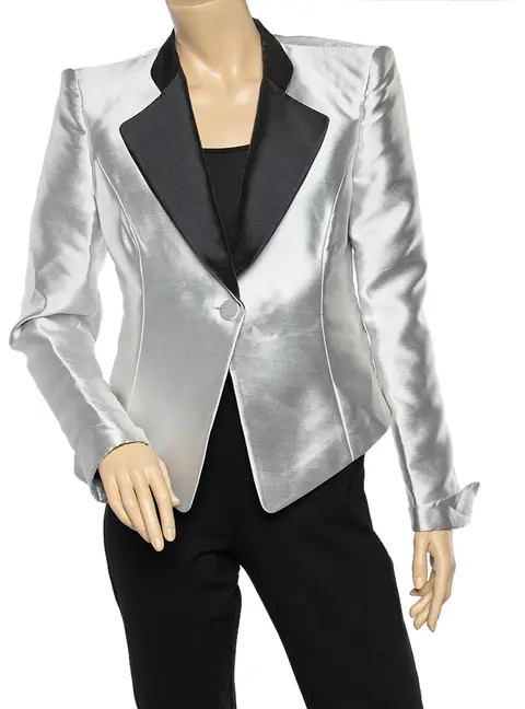 Emporio Armani Metallic Silver Synthetic Contrast Detail Cropped Blazer L