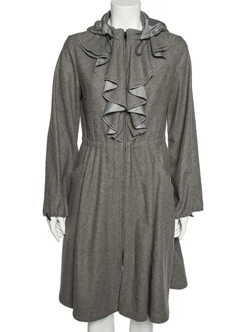 Emporio Armani Grey Wool And Cashmere Ruffled Neck Hooded Coat S