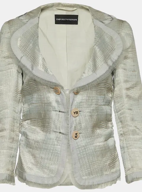 Emporio Armani Grey Checked Linen Blend Ruffle Detail Jacket M