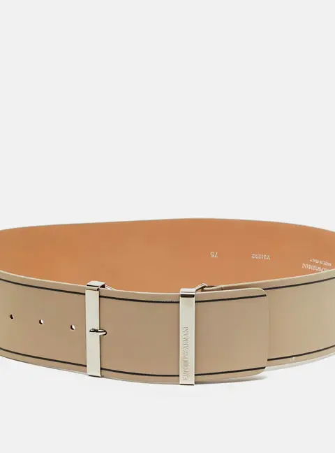 Emporio Armani Tongue Buckle 75CM Belt Beige Stripe Leather