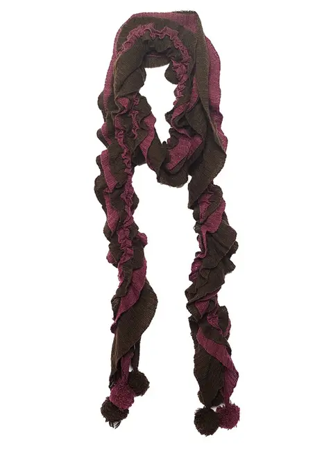 Emporio Armani Brown & Magenta Ruffled Pom Pom Detail Wool Stole