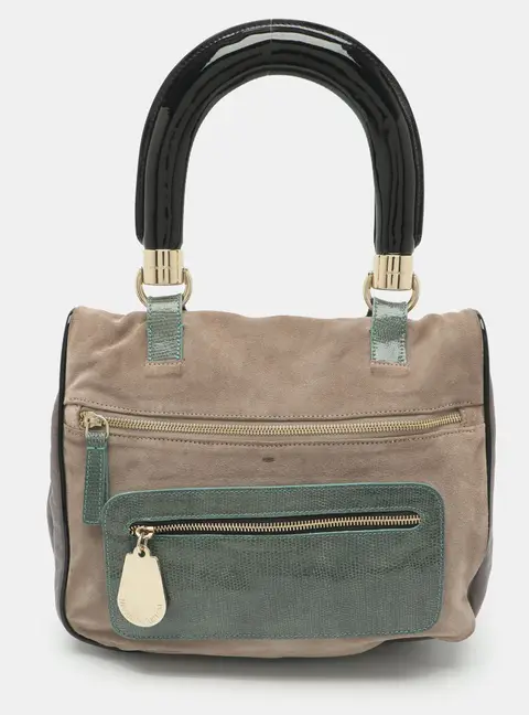 Emporio Armani Two Tone Taupe/Green Leather and Suede Top Handle Bag