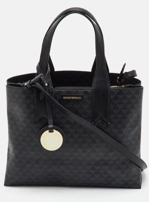 Emporio Armani Black Logo Print Leather Tote
