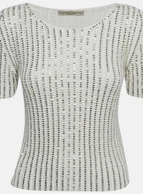 Ermanno Scervino White Embellished Cotton Crochet Knit T-Shirt S