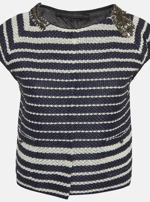 Ermanno Scervino Navy Blue/White Striped Crochet Blouse M