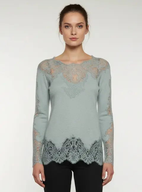 Ermanno Scervino Sage Green Lace Detail Wool Blend Long Sleeve Top S