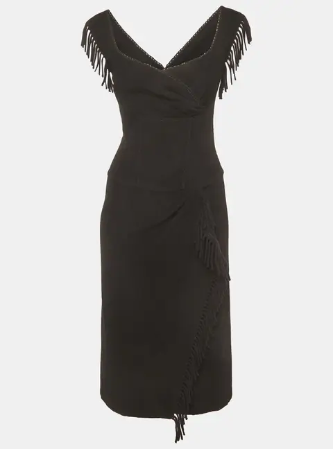 Ermanno Scervino Black Fringe Detail Cashmere Overlay Midi Dress S