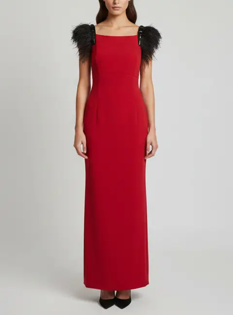 Escada Pink Bead Embellished Crepe Feather Trim Maxi Dress M