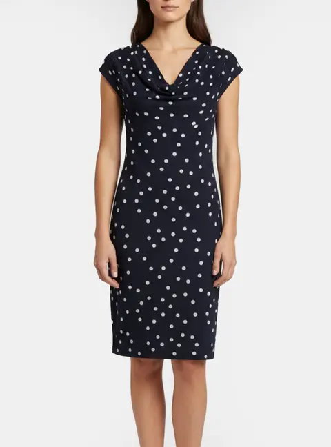 Escada Navy Blue Polka Dot Jacquard Knit Cowl Neck Dress S