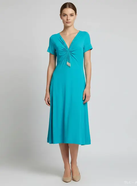 Escada Turquoise Knit Ruched Beaded Tassel Midi Dress M