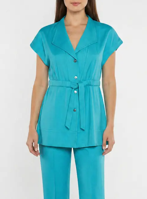 Escada Turquoise Textured Cotton Button Up Belted Top S