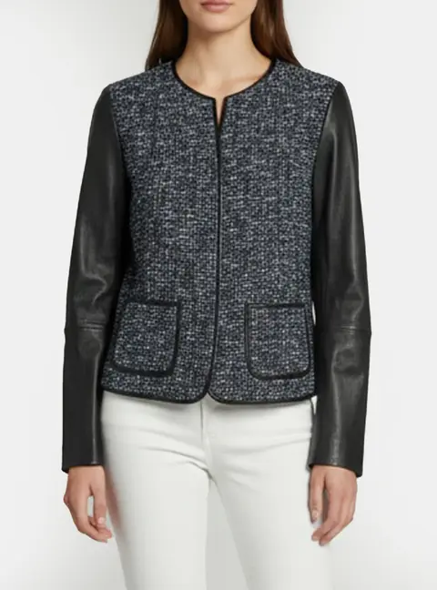 Escada Black/Blue Tweed and Leather Button Up Jacket L