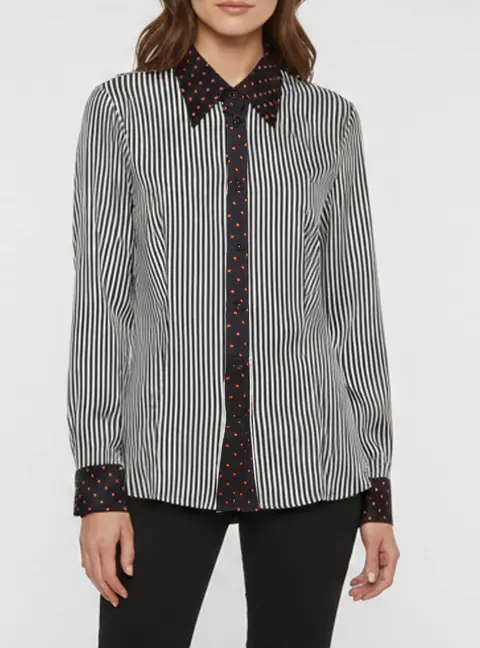 Escada Navy Blue/White Striped Polka Dot Satin Shirt L