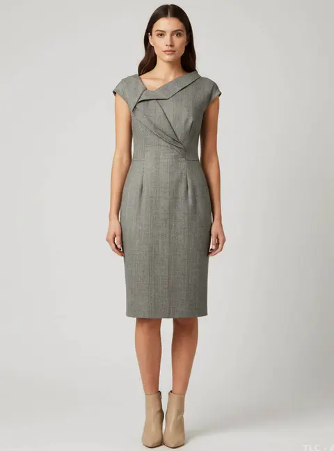 Escada Monochrome Check Pattern Wool Blend Draped Sheath Dress M