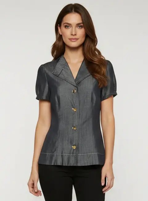 Escada Blue Chambray Short Sleeve Fitted Top M