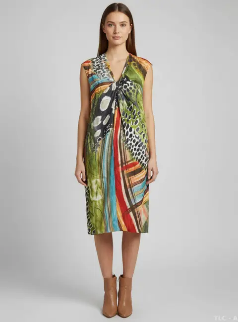 Escada Multicolor Abstract Animal Print Satin Dress M