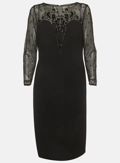 Escada Couture Black Bead Embellished Lace and Wool Crepe Dress L