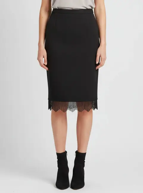 Escada Black Stretch Wool Beaded Fringed Skirt M