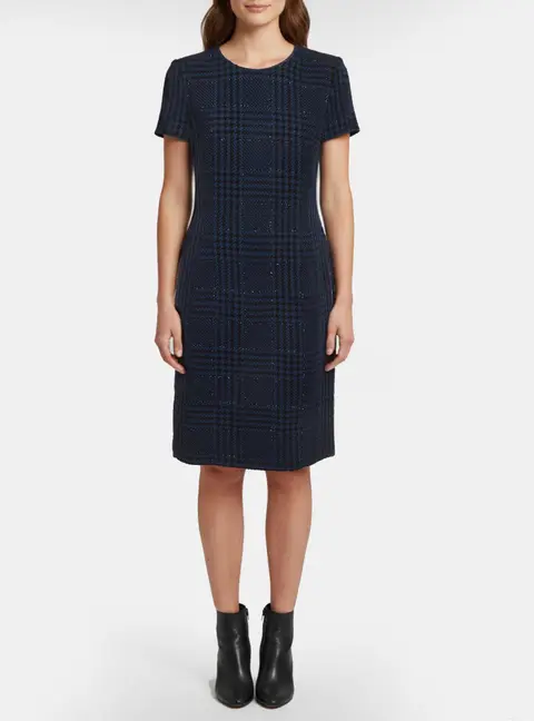 Escada Blue/Black Checkered Tweed Glitter sheath Dress M