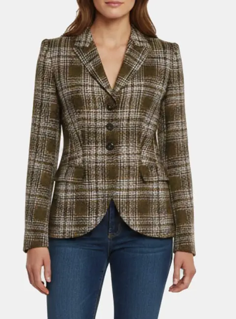 Escada Olive Green Check Pattern Wool Blend Bupa Blazer M