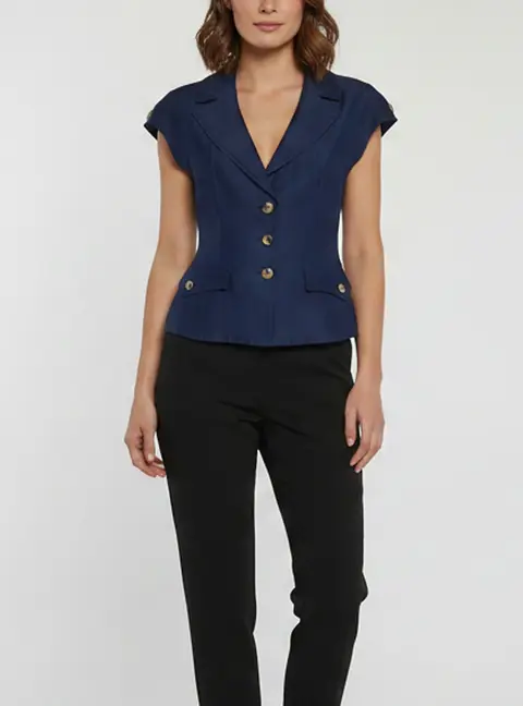 Escada Navy Blue Linen and Silk Blend Cap Sleeve Button Up Top M
