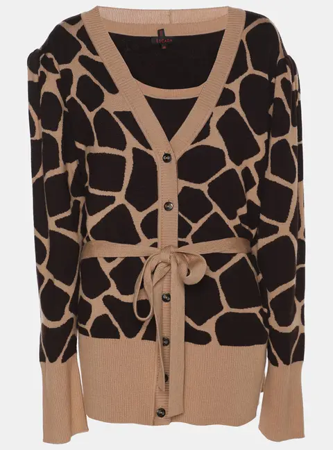 Escada Brown Printed Knit Button Front Sweater XL