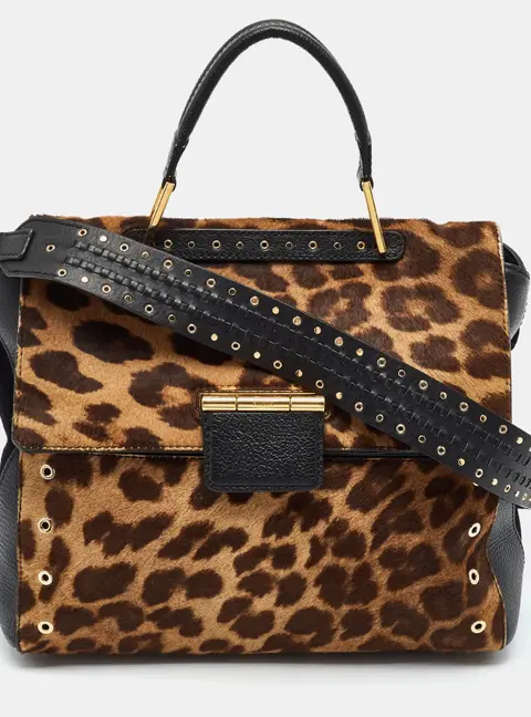 Furla Artesia Grommet Black/Brown Leopard Print Calfhair and Leather Top Handle Bag