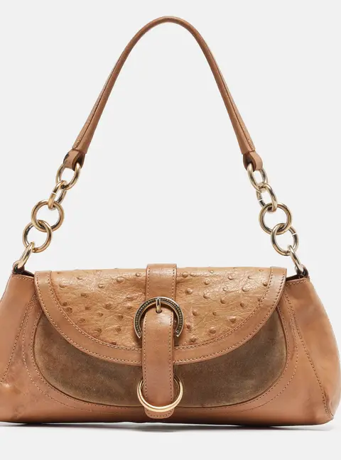 Furla Beige Leather, Ostrich Embossed Leather and Suede Hobos