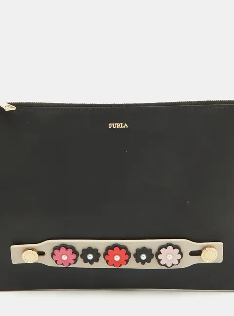 Furla Black Leather Floral Handle Flat Zip Pouch Clutch