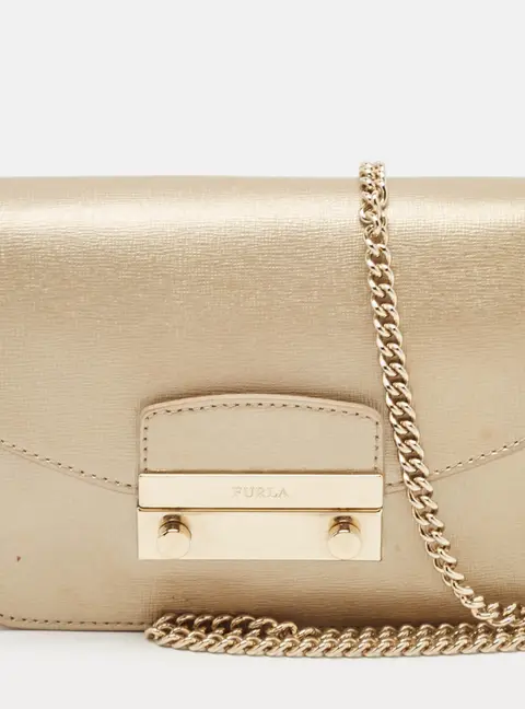 Furla Metropolis XS Gold Laminated Leather Crossbody Bags
