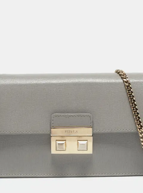 Furla Metropolis Medium Grey Saffiano Leather Shoulder Bags