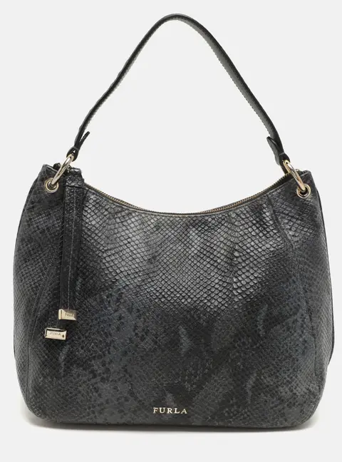 Furla Blue/Black Python Embossed Leather Hobo