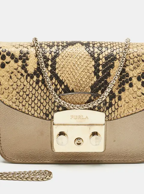 Furla Cream/Metallic Leather Mini Metropolis Changeable Flap Crossbody Bag