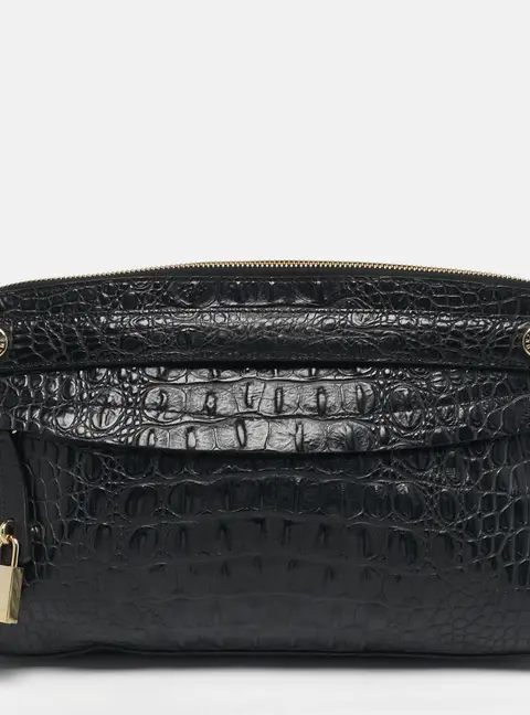 Furla Black Croc Embossed Leather Zip Clutch