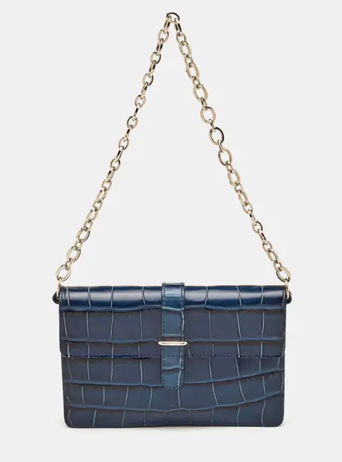 Furla Greta Navy Blue Croc Embossed Leather Chain Clutch