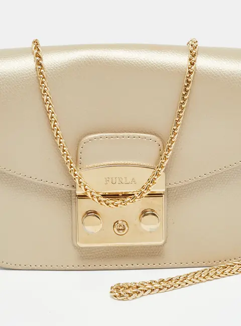 Furla Metropolis Mini Metallic Beige Leather Crossbody Bag