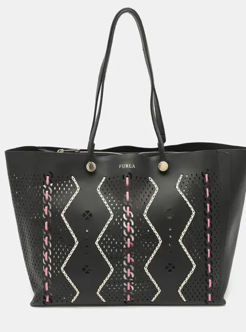 Furla Eden M Laser Cut Black Leather Tote
