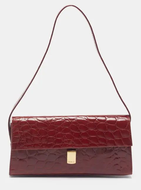 Furla Red Croc Embossed Leather Flap Shoulder Bag