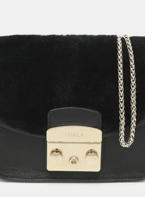 Furla Metropolis Mini Black Faux Fur and Leather Chain Crossbody Bag