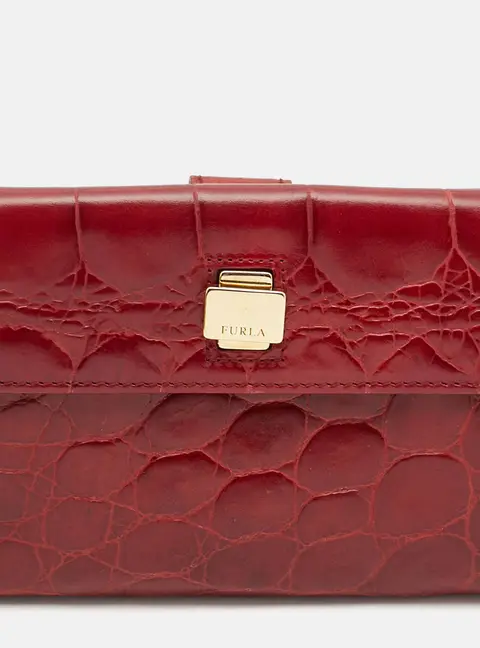 Furla Red Croc Embossed Leather French Wallet