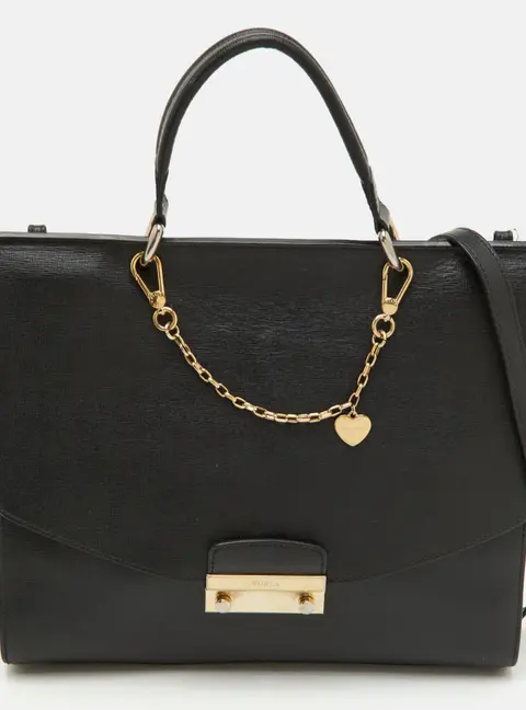 Furla Julia Black Leather Flap Top Handle Bag