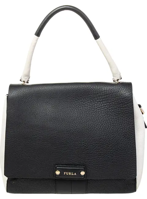 Furla Black/White Leather Flap Top Handle Bag