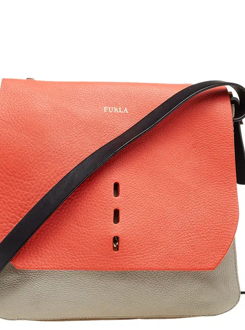Furla Orange/Grey Leather And Suede Flap Shoulder Bag