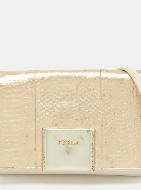 Furla Gold/Cream Leather and Python Embossed Leather Shoulder Bag