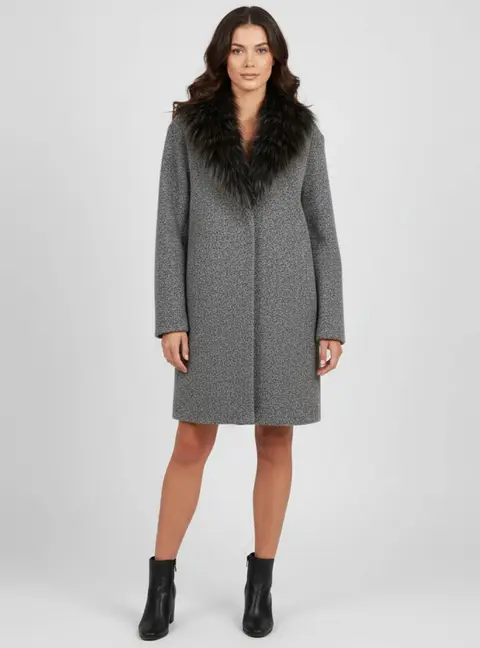 Fabiana Filippi Grey Wool Blend Fur Collared Mid Length Coat M