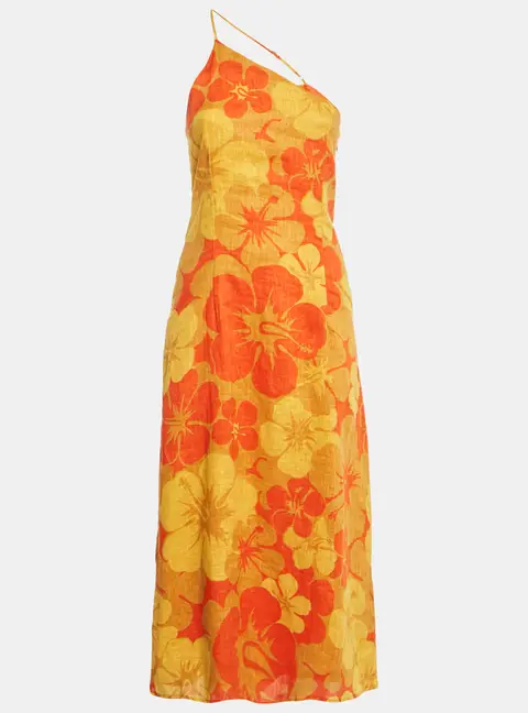 Faithfull The Brand Yellow/Orange Floral Print Linen Soko Midi Dress S