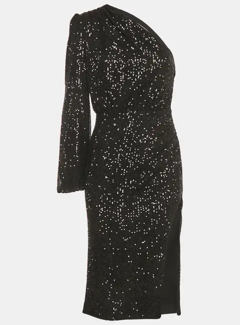 Fame and Partner Black Sequin One Shoulder Midi Dress S