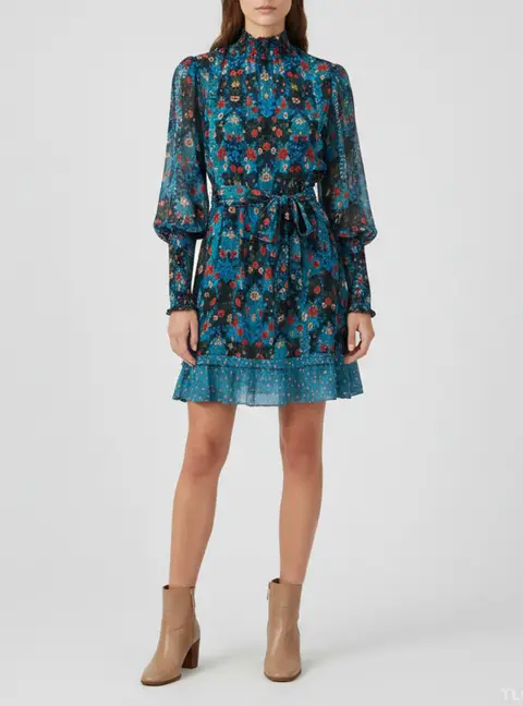 Farm Rio Blue Arabesque Floral Print Crepe Mini Dress XS